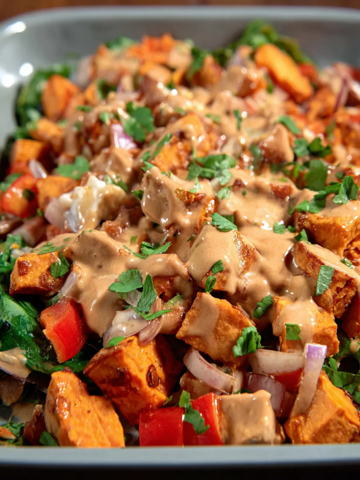 Sweet Potato Salad with Roasted Veggies and Creamy Peanut Dressing First Image